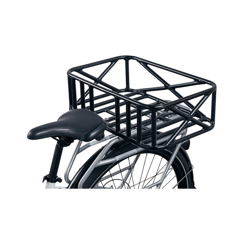 Close up section of black Large Basket attached to rear rack of a silver ebike. The basket is perpendicular to the ebike.