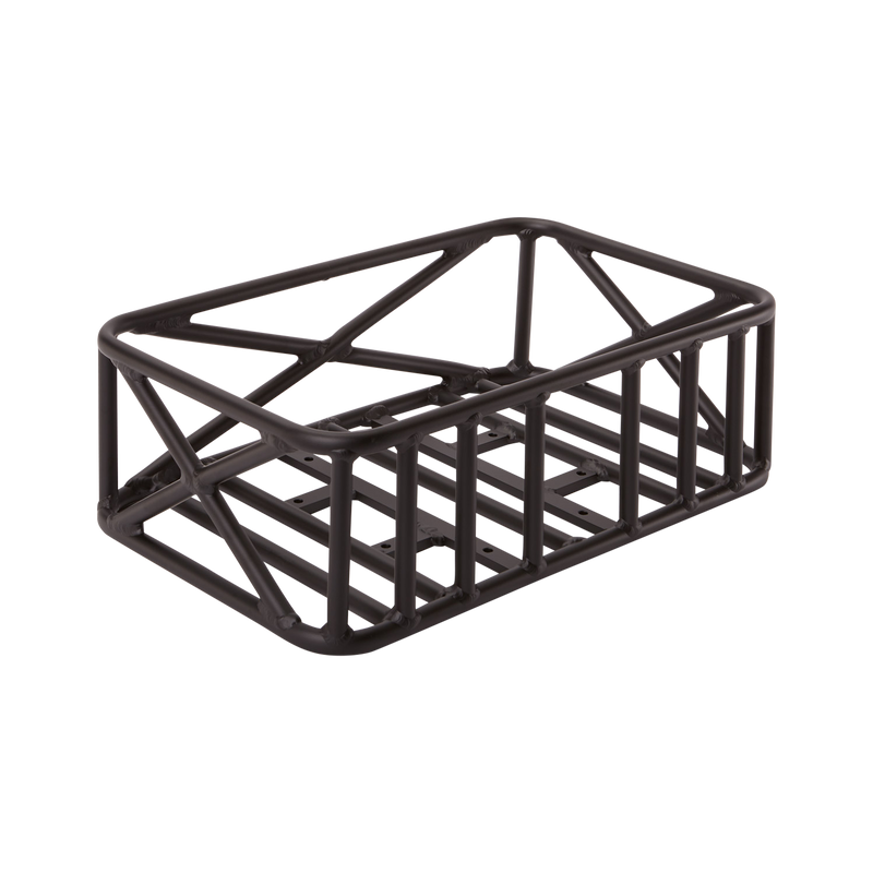 Close up, angled side view of black metal Large Basket. The basket is rectangular with support bars on the bottom and sides.