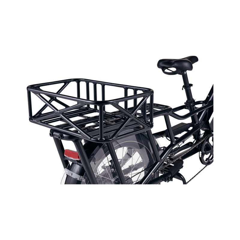Top and side section view of Large Basket attached to the rear rack of a black long-tail ecargo bike. The basket is perpendicular to the ebike.