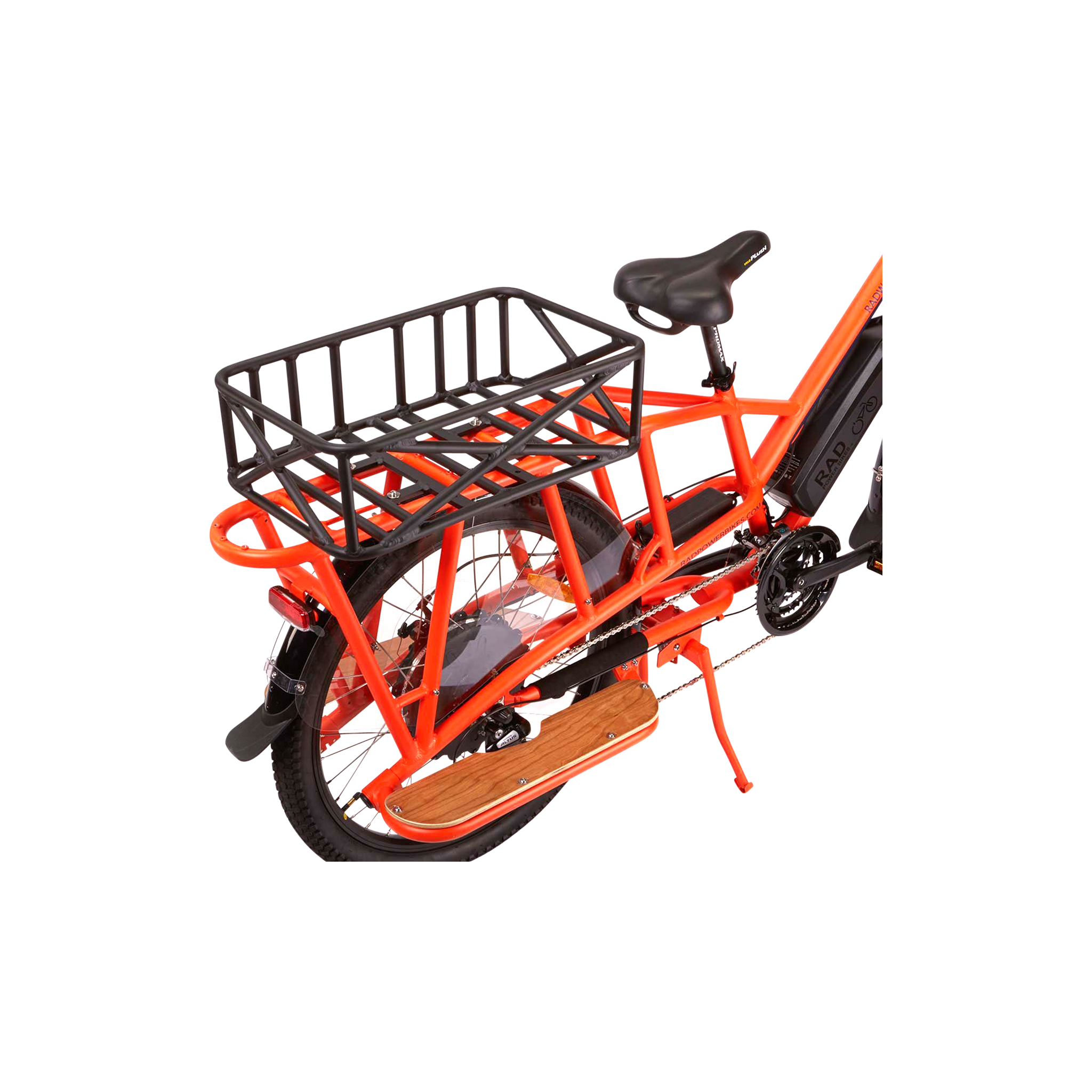 Top and side section view of Large Basket attached to the rear rack of an orange long-tail ecargo bike. The basket is attached lengthwise on the rear rack which is only allowed on long-tail ecargo bikes.