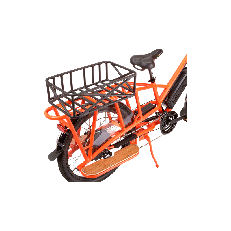 Top and side section view of Large Basket attached to the rear rack of an orange long-tail ecargo bike. The basket is attached lengthwise on the rear rack which is only allowed on long-tail ecargo bikes.