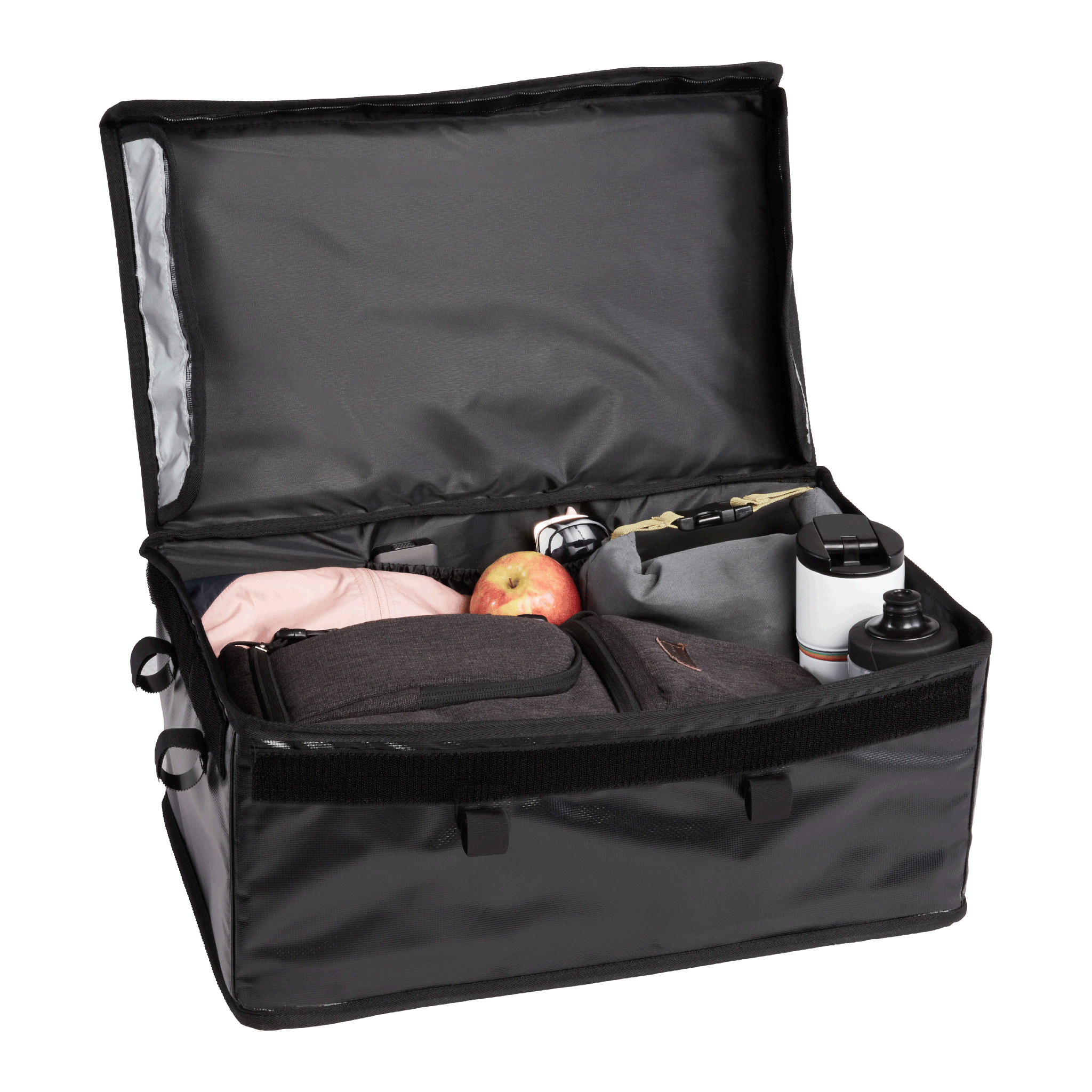Rad large basket bag packed with an apple, water bottles and other gear to show how much you can carry.