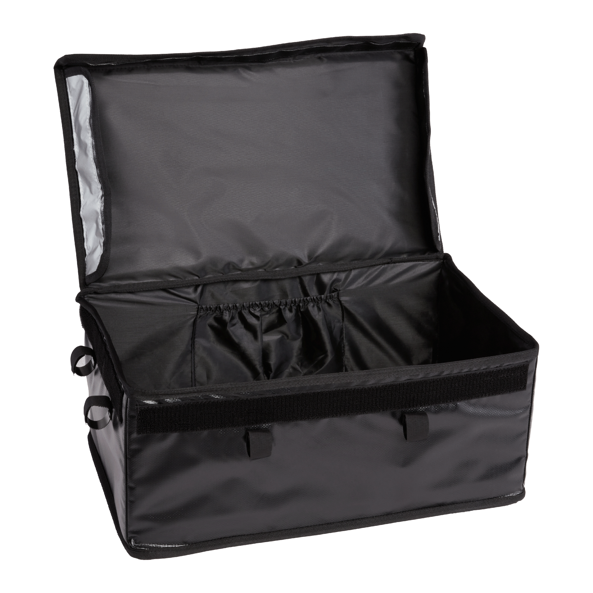 Open view of Rad's large basket bag showing interior compartments