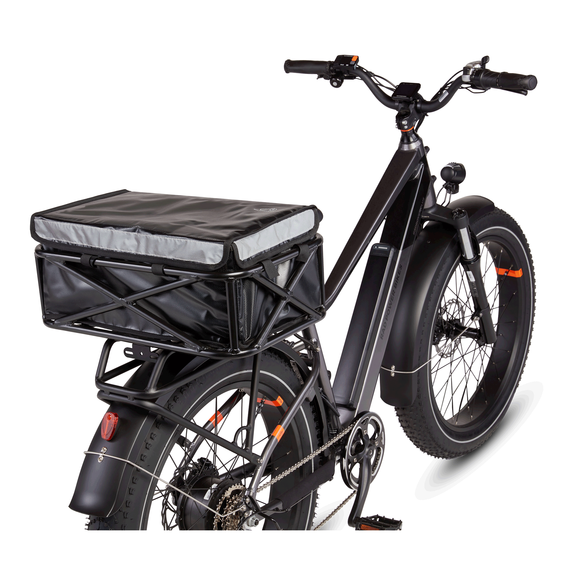 Electric bike with rear basket and Rad's large basket bag