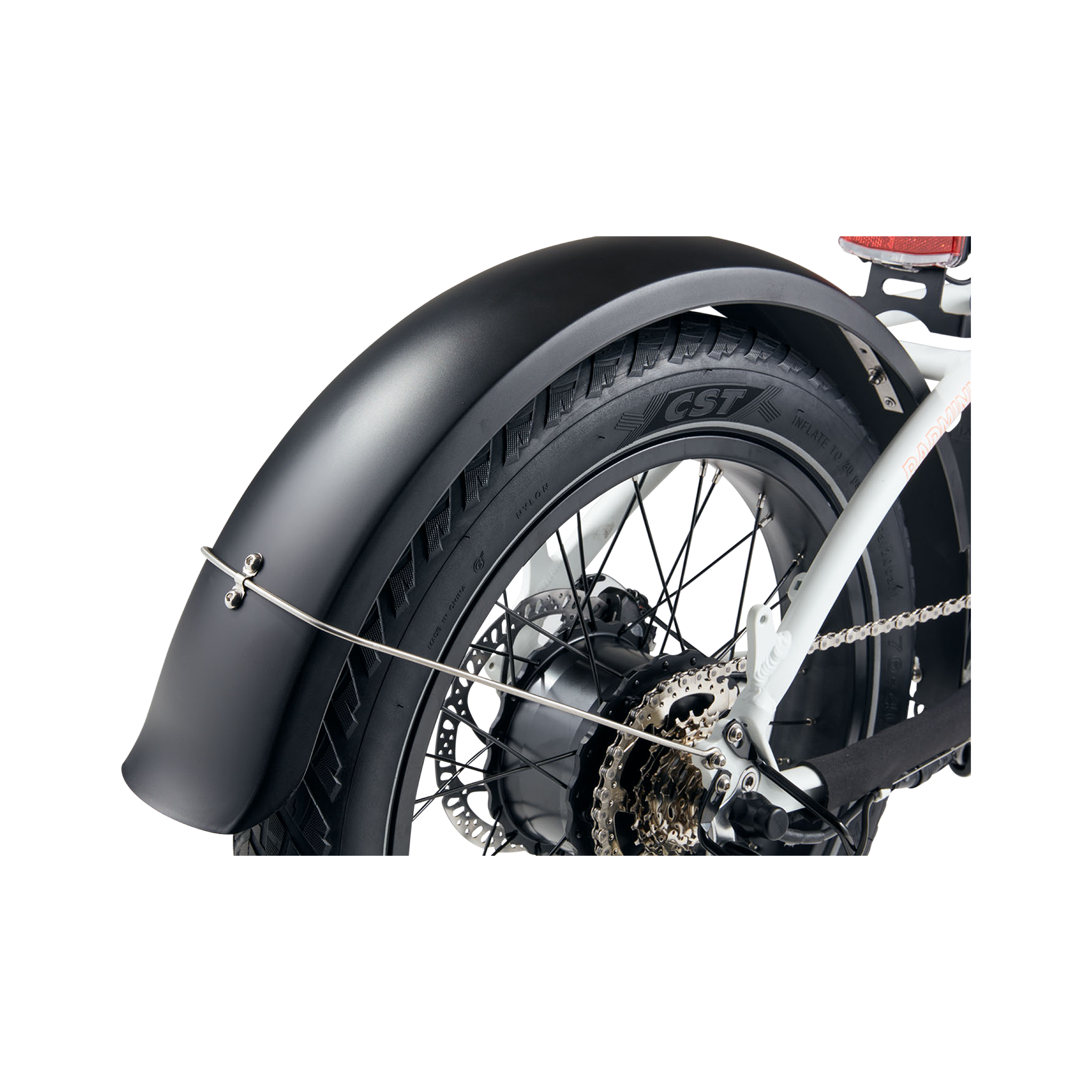 Close up of black RadMini Full Fender on rear wheel of a white RadMini ebike.