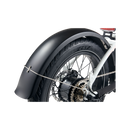 Close up of black RadMini Full Fender on front wheel of a white RadMini ebike.