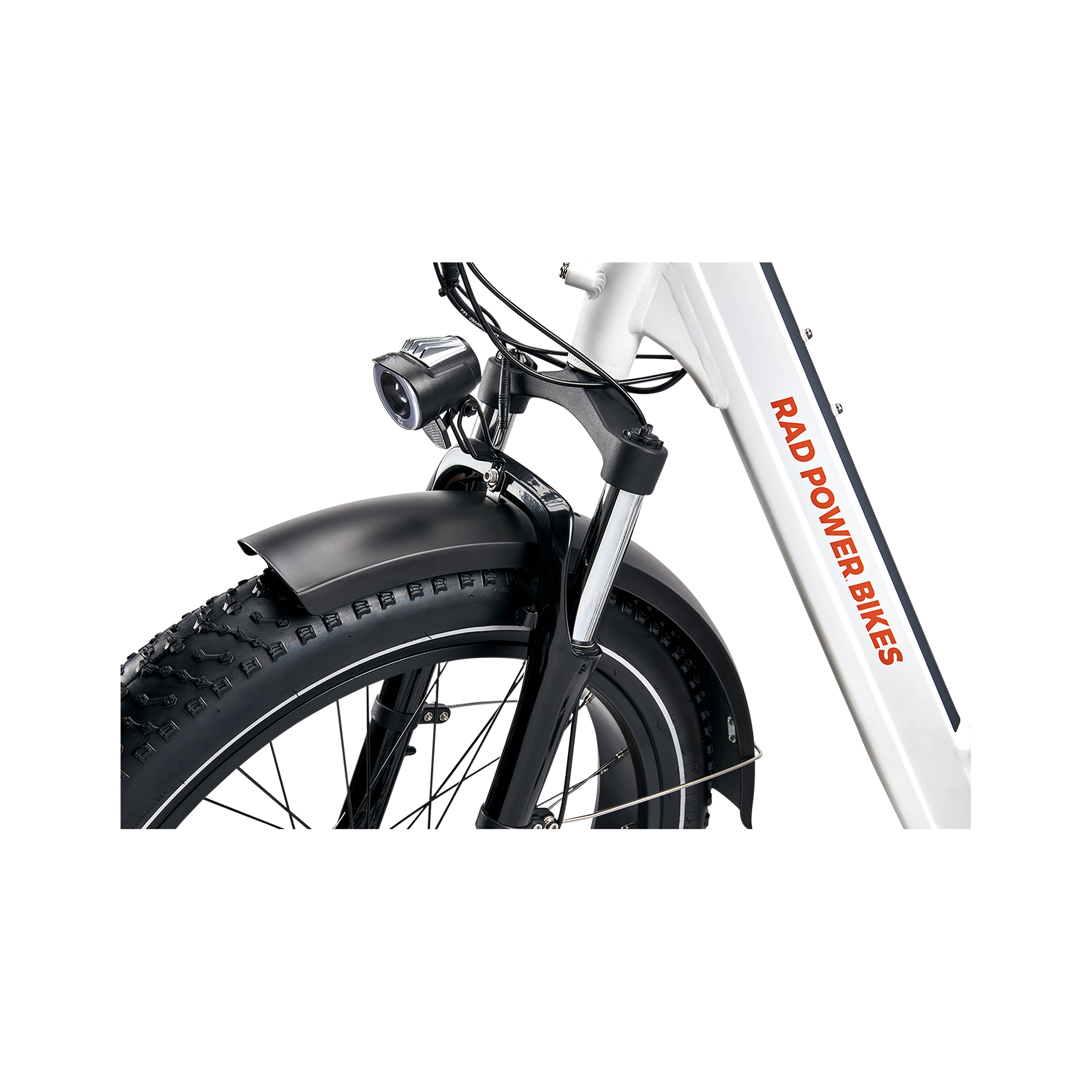 Close up of black RadMini Full Fender on front wheel of a white RadMini ebike.