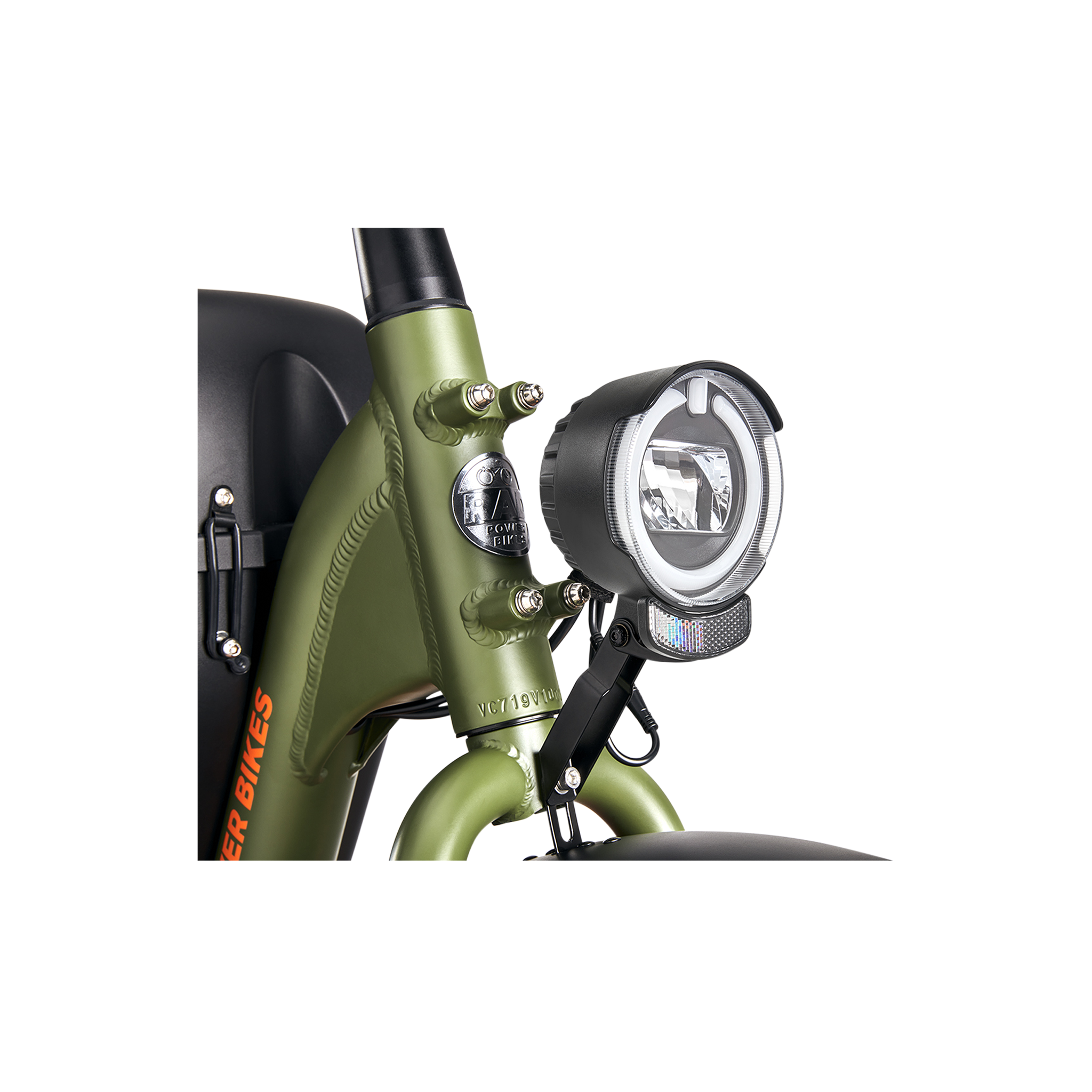 A head light mounted to a green Ebike