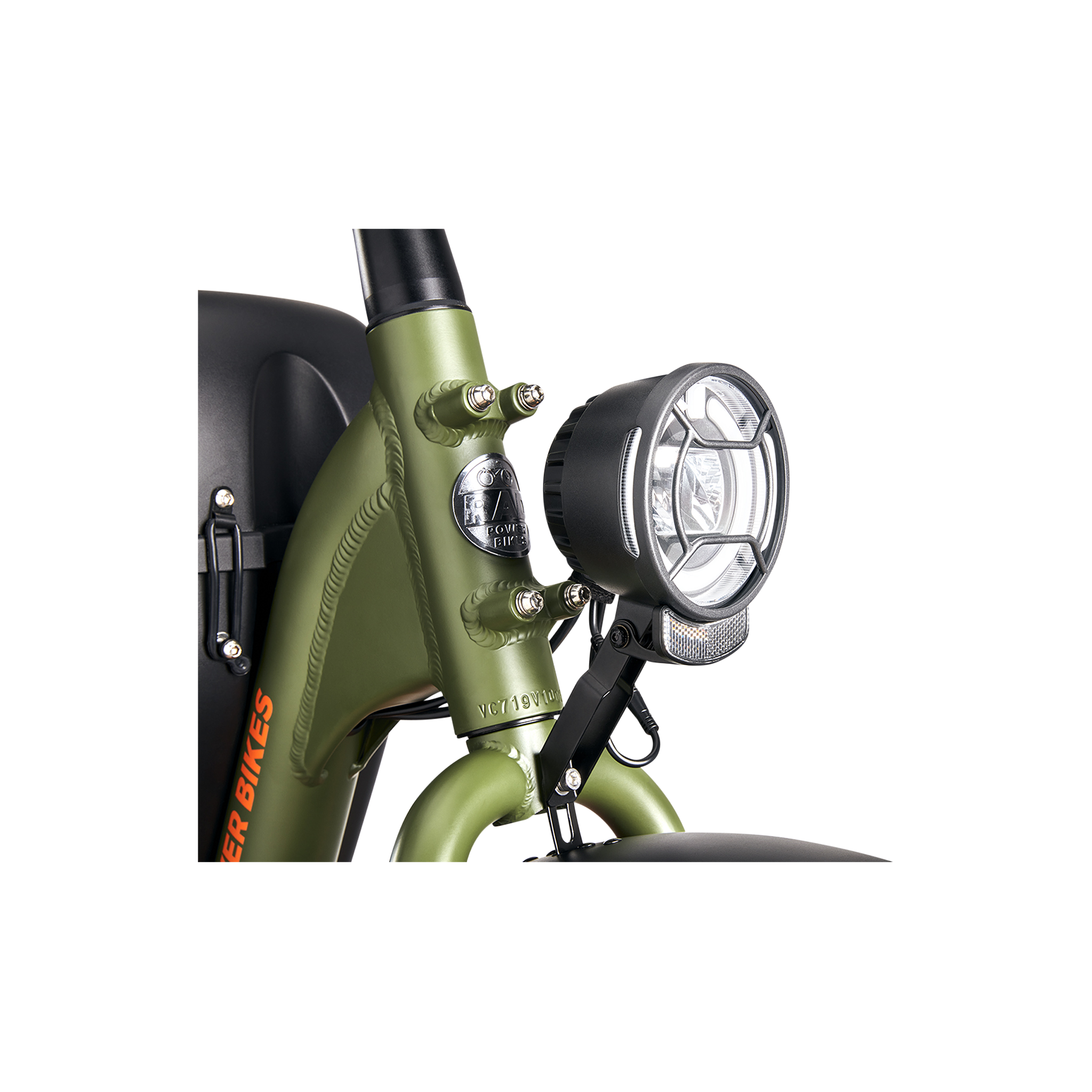 A premium headlight with a reflector mounted on a green Ebike