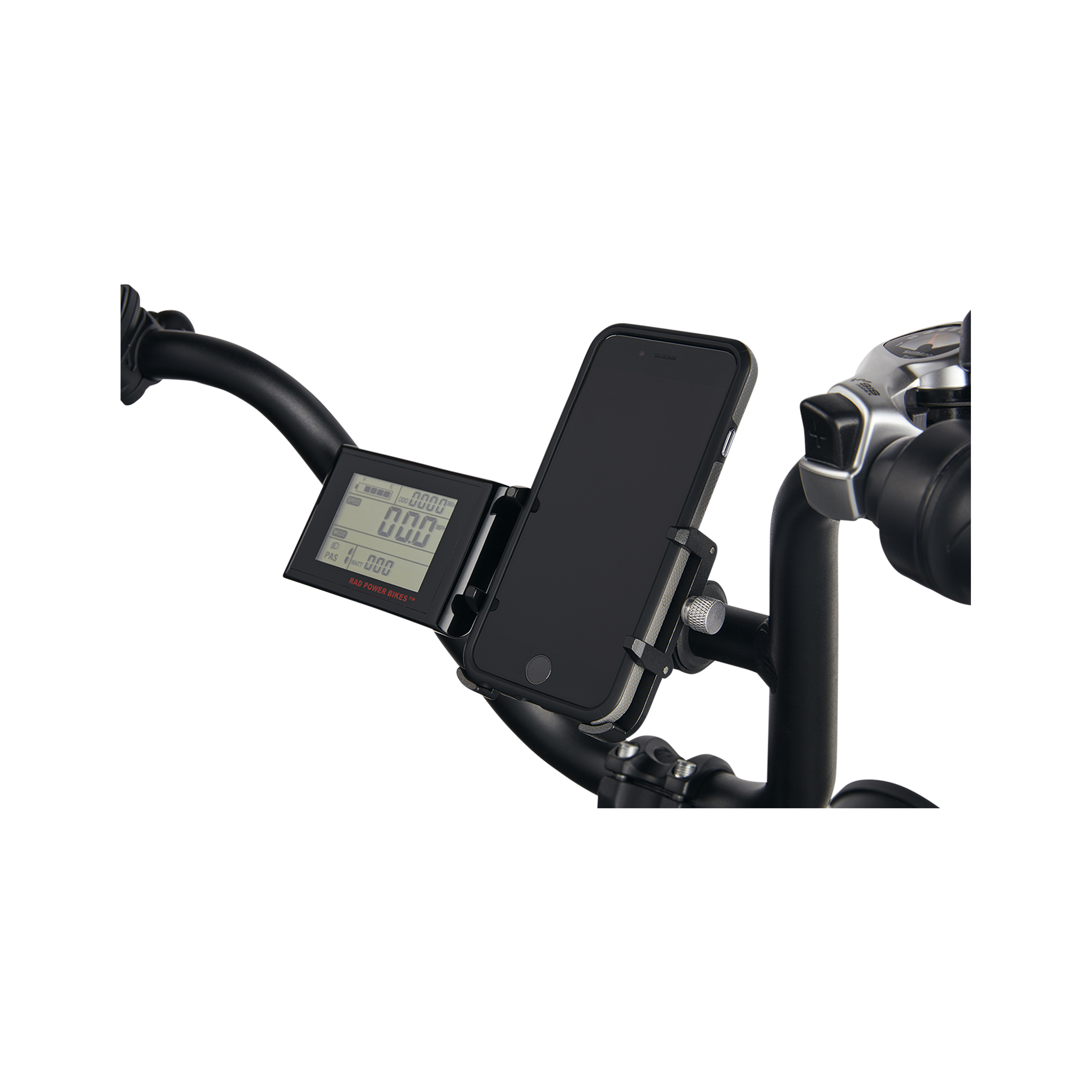 Close up picture of gub pro cell phone mount on bicycle riser handlebars next to ebike display with phone in mount