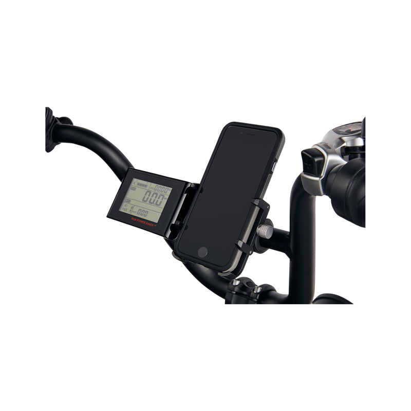 Close up picture of gub pro cell phone mount on bicycle riser handlebars next to ebike display with phone in mount