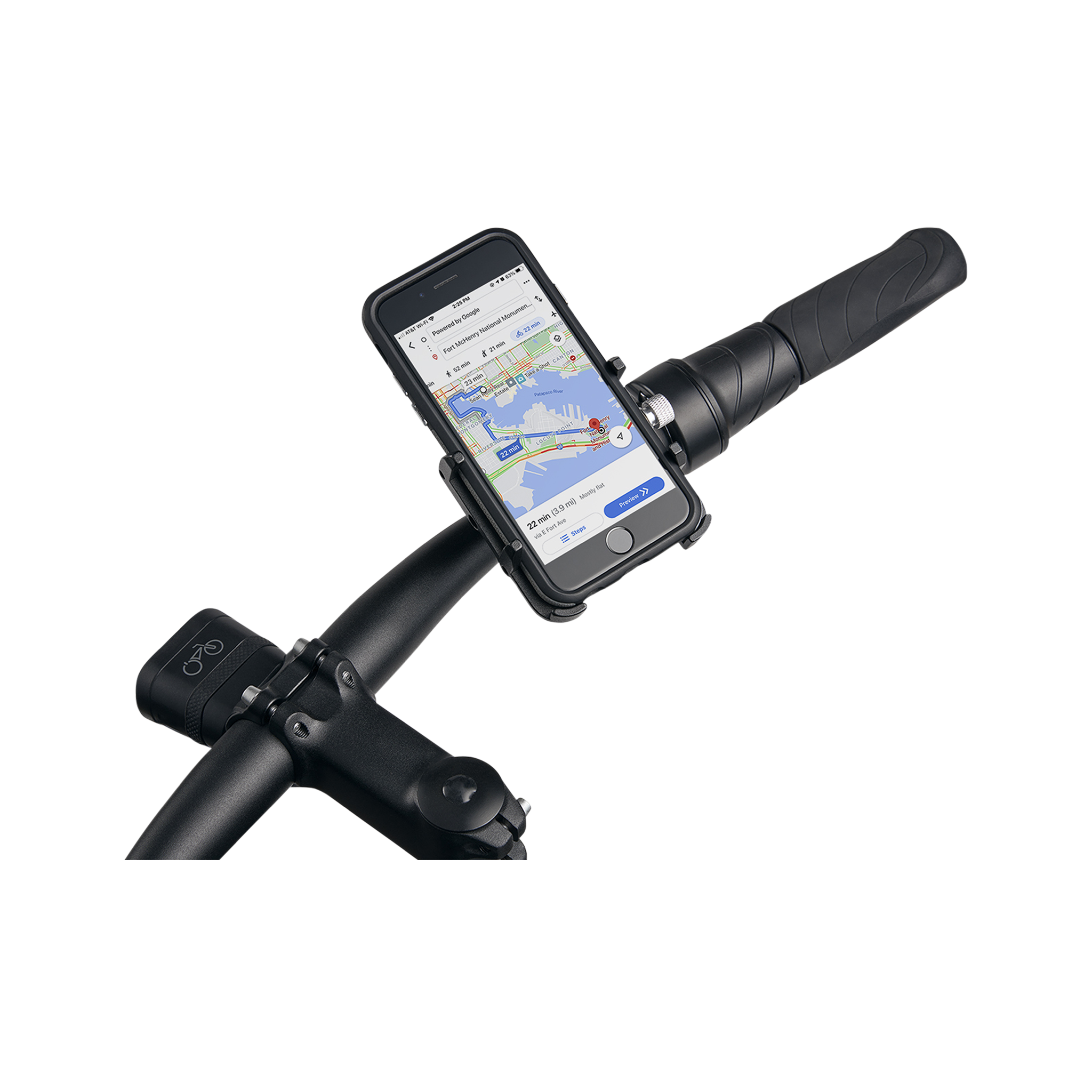 Close up picture of gub pro cell phone mount on bicycle handlebars next to ebike throttle with turned phone in mount