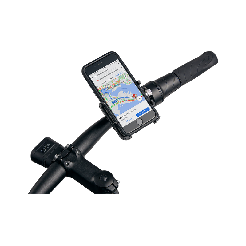 Close up picture of gub pro cell phone mount on bicycle handlebars next to ebike throttle with turned phone in mount