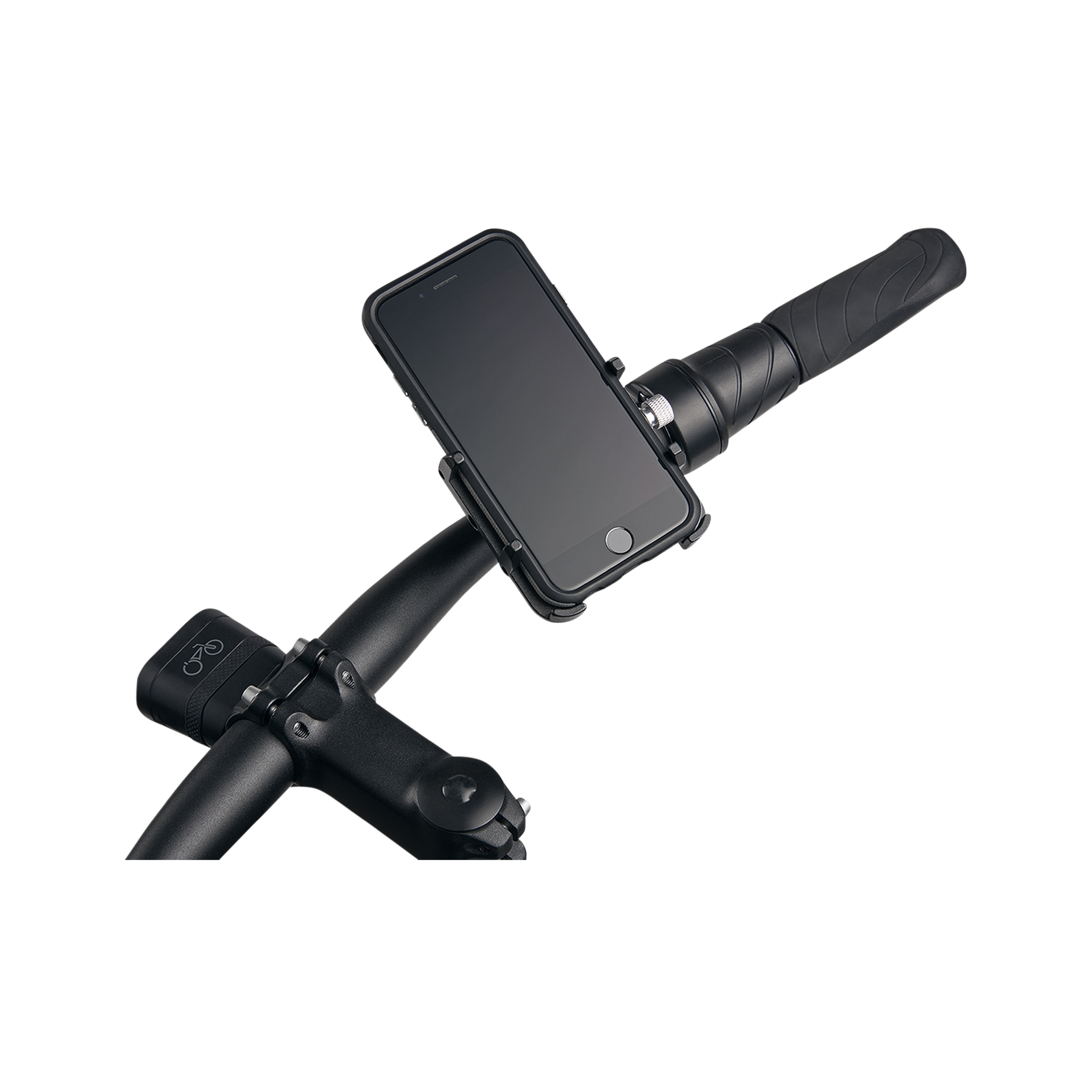 Close up picture of gub pro cell phone mount on bicycle handlebars next to ebike throttle with phone in mount