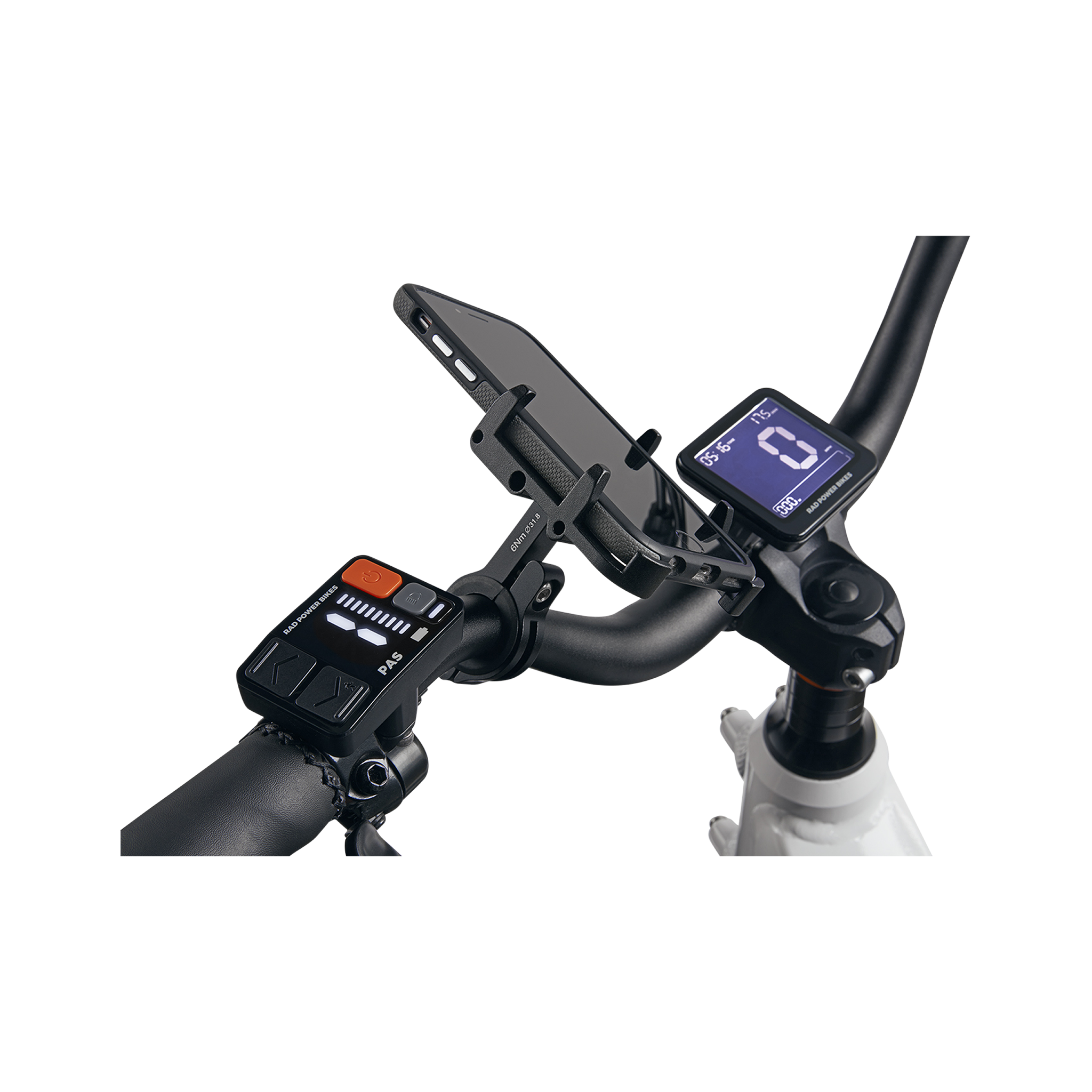Close up picture of gub pro cell phone mount on bicycle handlebars next to ebike display