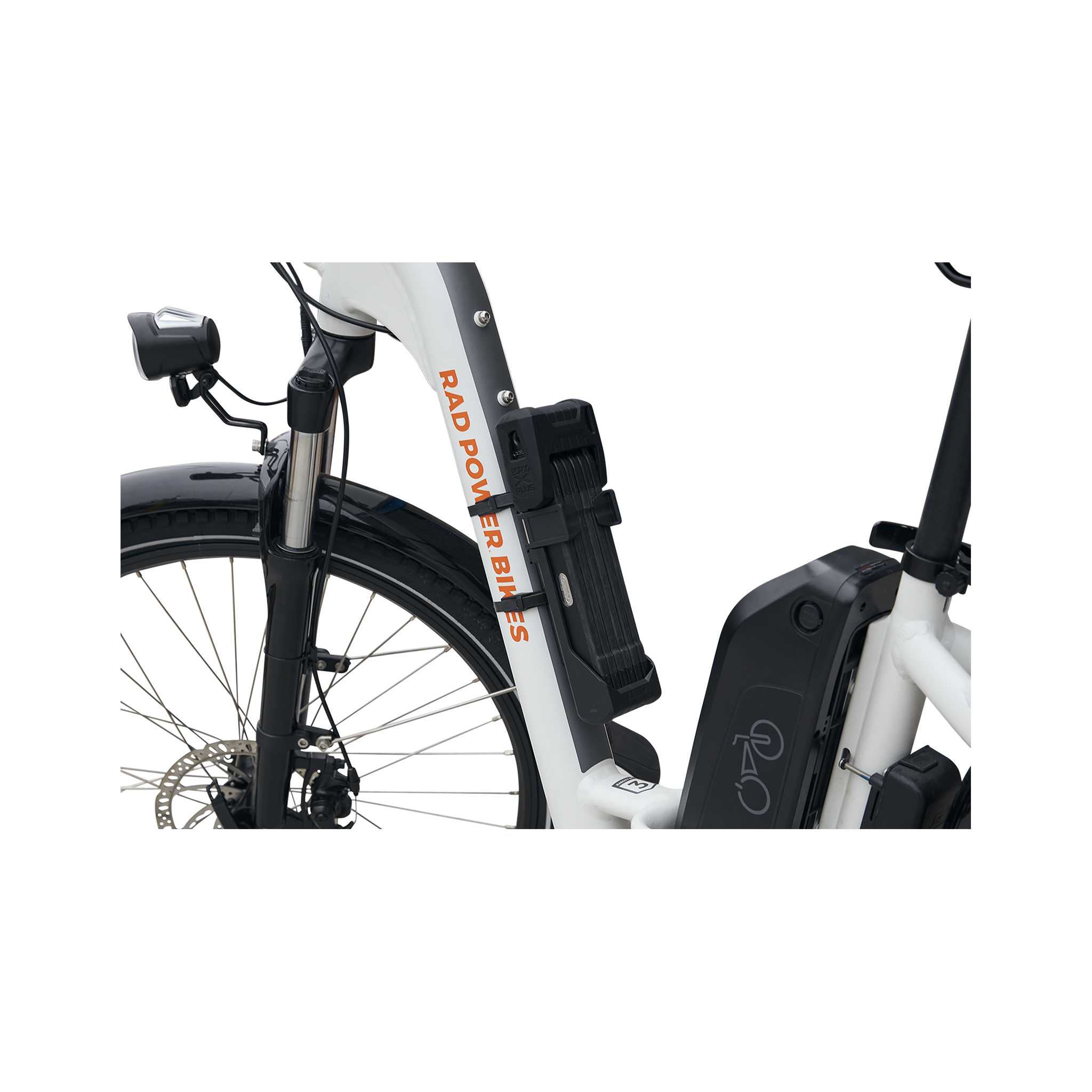 ABUS Bordo Granit X-Plus 6500 Folding Lock and case strapped to top tube of ebike.