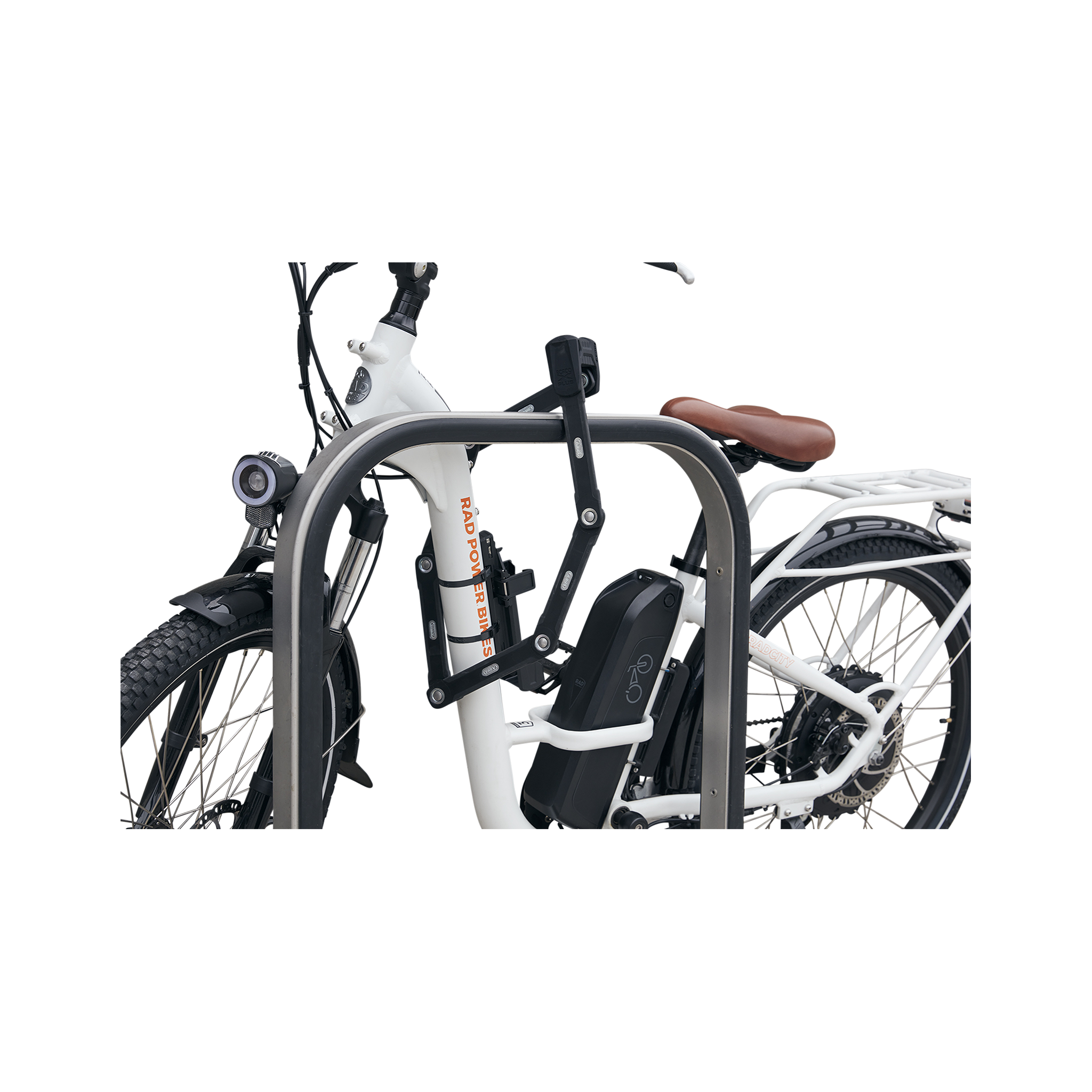 Side view of ABUS Bordo Granit X-Plus 6500 Folding Lock safely locking a bike rack and ebike.