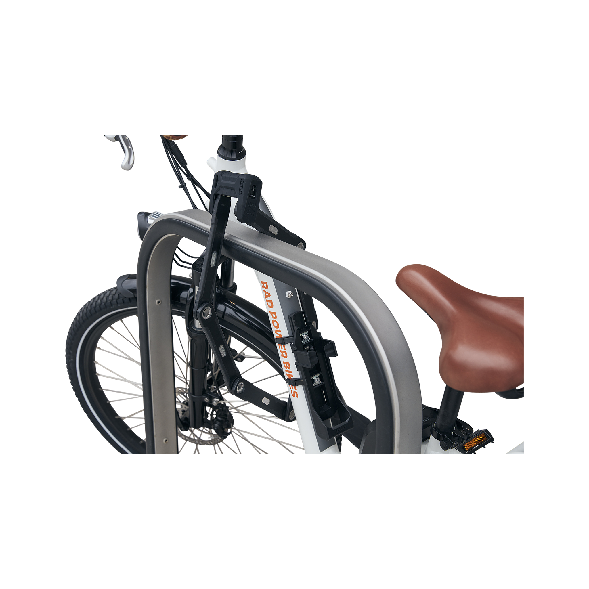 Side view of ABUS Bordo Granit X-Plus 6500 Folding Lock safely locking an ebike's front wheel to a bike rack.