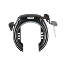 Front view of black, unlocked ABUS Wheel Lock 5650L NR with key.