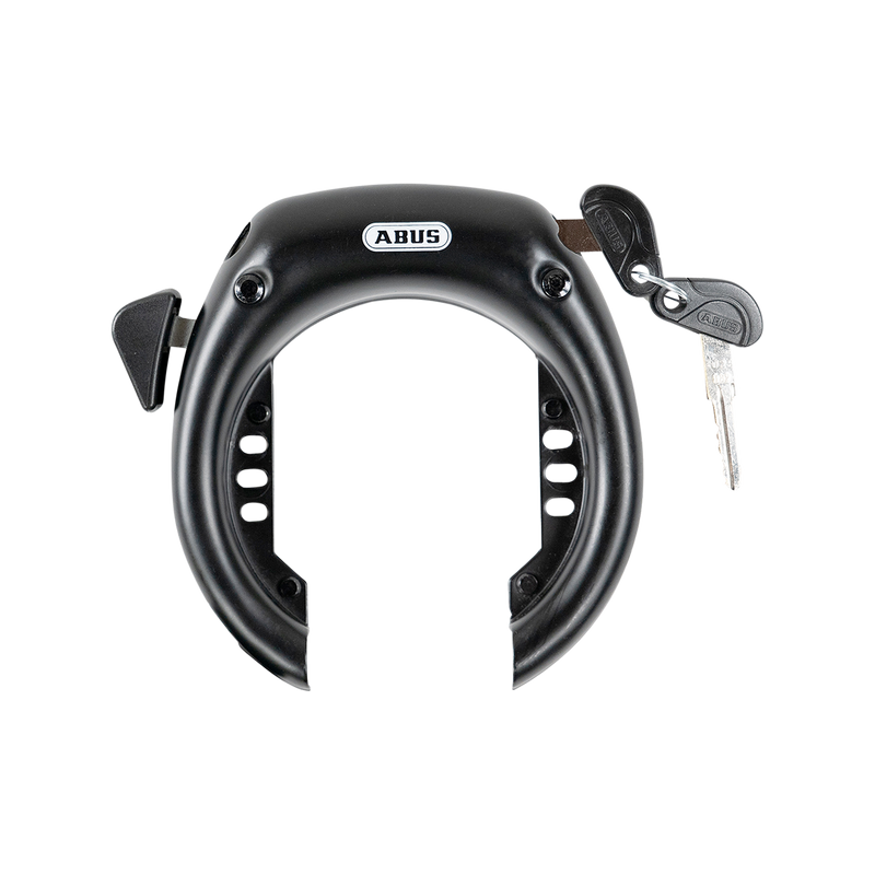 Front view of black, unlocked ABUS Wheel Lock 5650L NR with key.