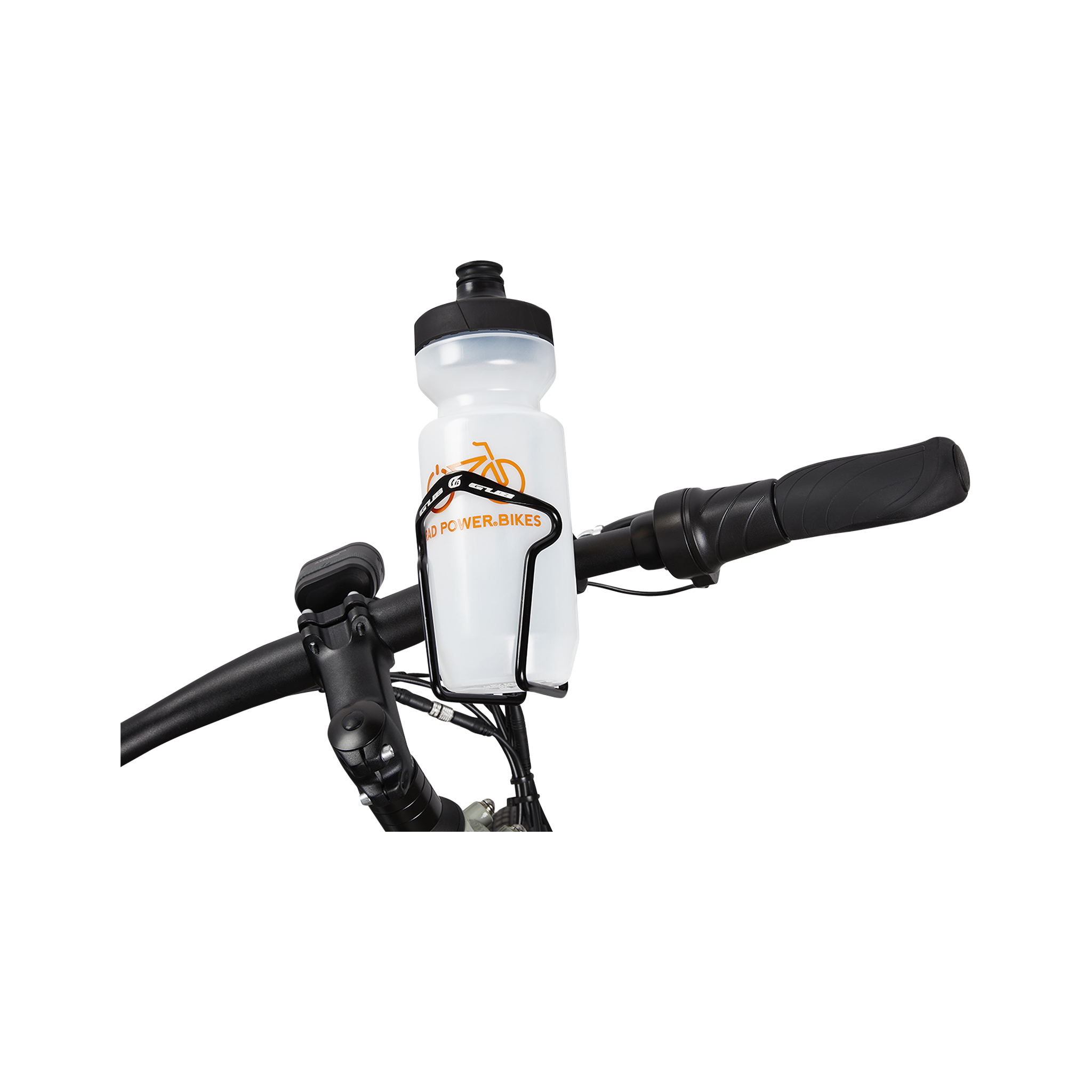 Close-up of the Water Bottle Holder mounted on the handlebars and holding a Water Bottle (sold separately)