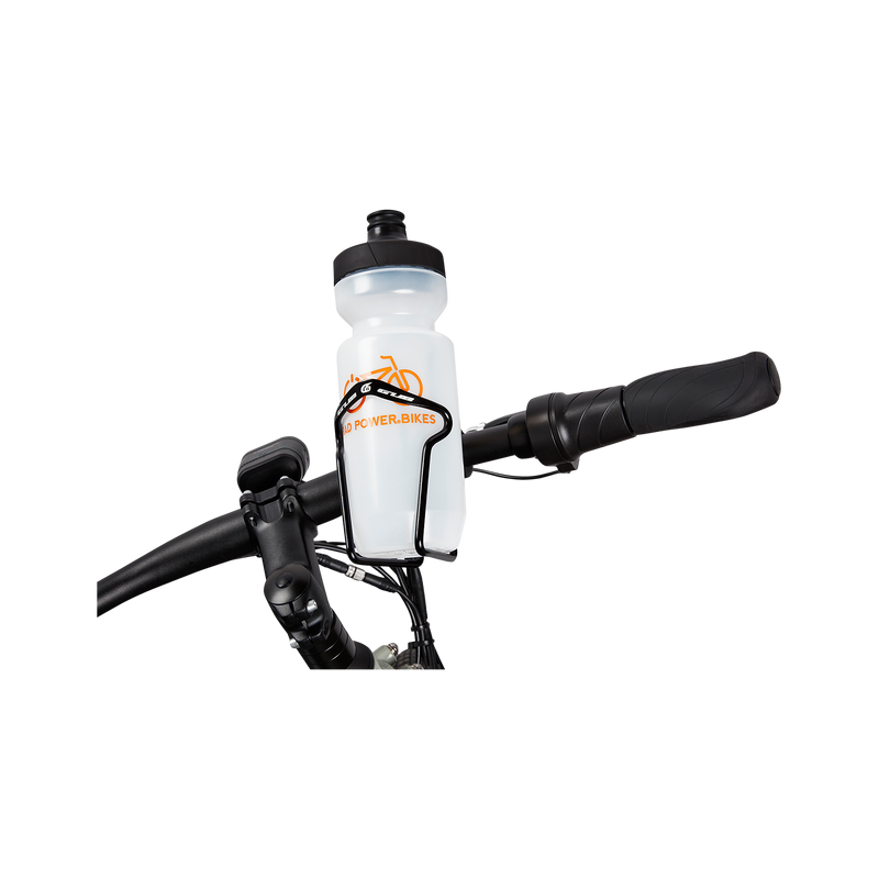 Close-up of the Water Bottle Holder mounted on the handlebars and holding a Water Bottle (sold separately)