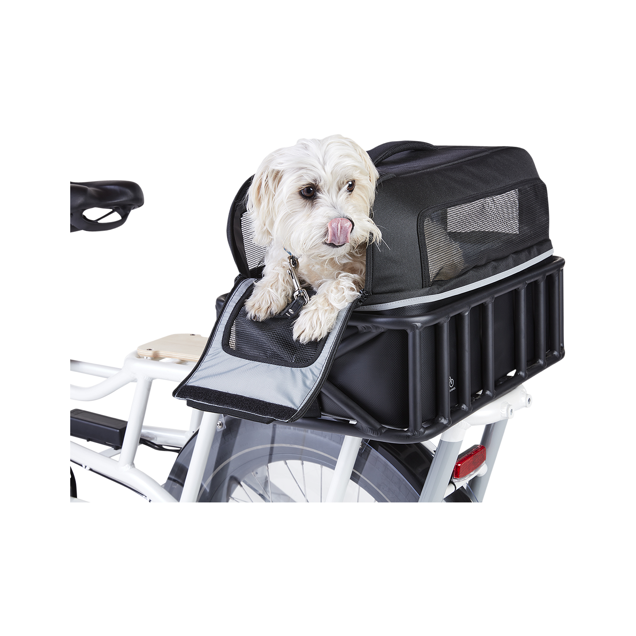 A small dog looking through the door of a black rectangular bag that is inside a bike basket. 
