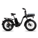 A side view of an ebike with a front basket that contains a pet liner. 