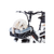A small white dog in a basket liner on the front rack of a white ebike. 