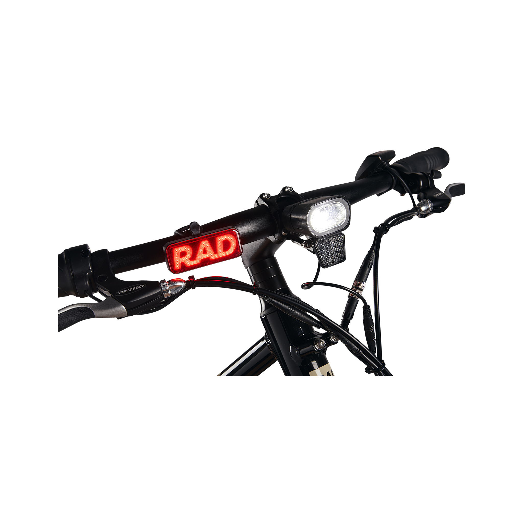 Close up photo of Rad Power Bikes Rad logo taillight mounted on the handlebars of a Rad Mission electric bike.