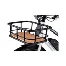 Close up picture of front mounted basket for Rad Power Bikes ebike with headlight mounted