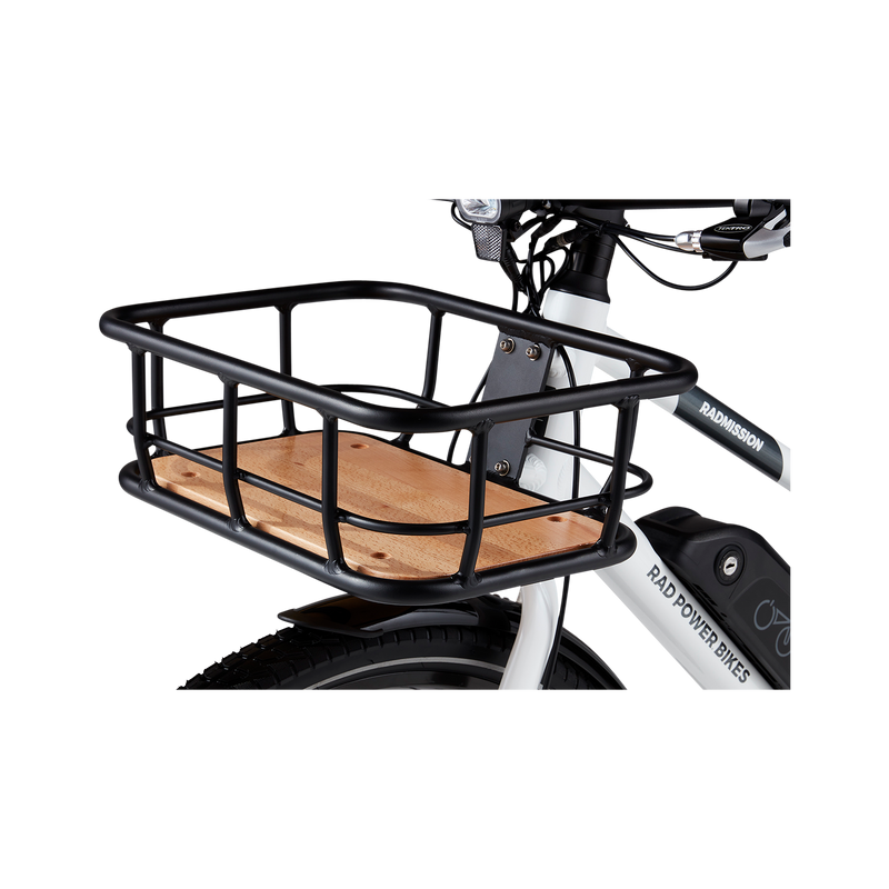 Close up picture of front mounted basket for Rad Power Bikes on ebike