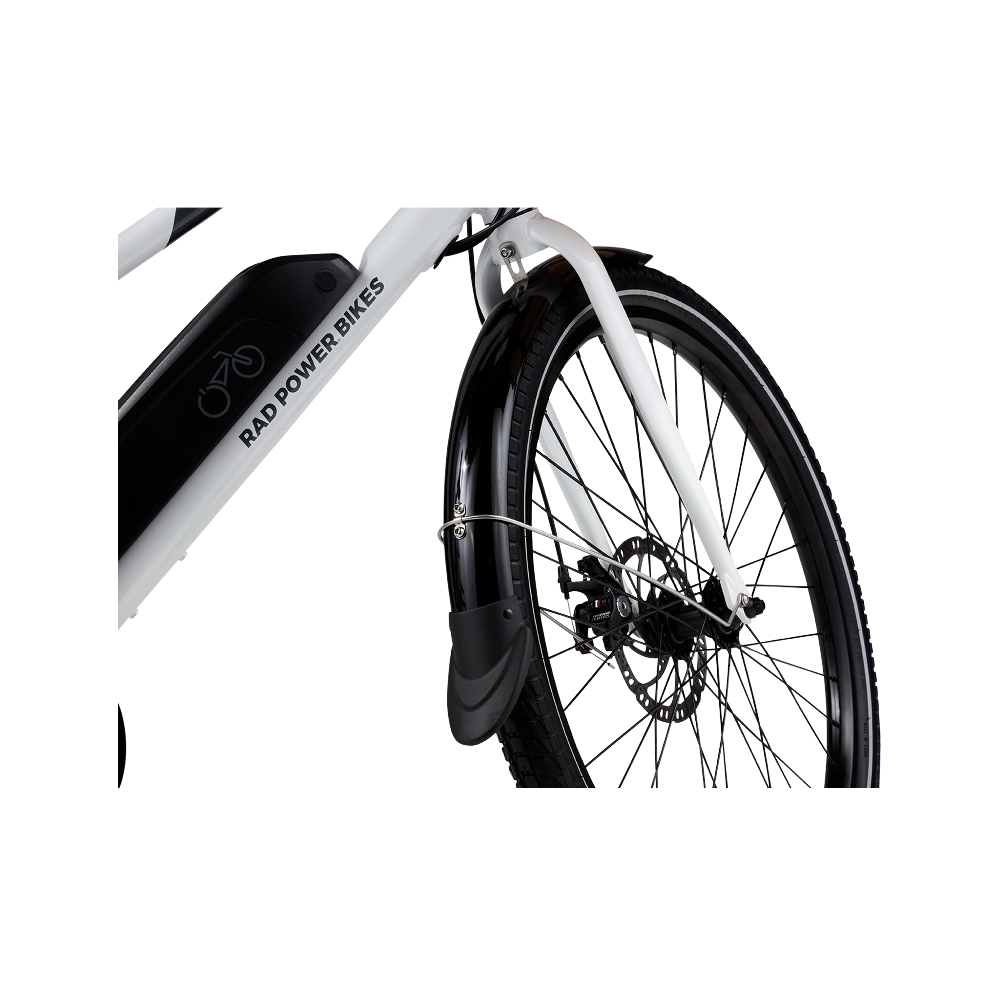 Close up image of the front tire of the RadMission with a RadMission Full Fender installed.