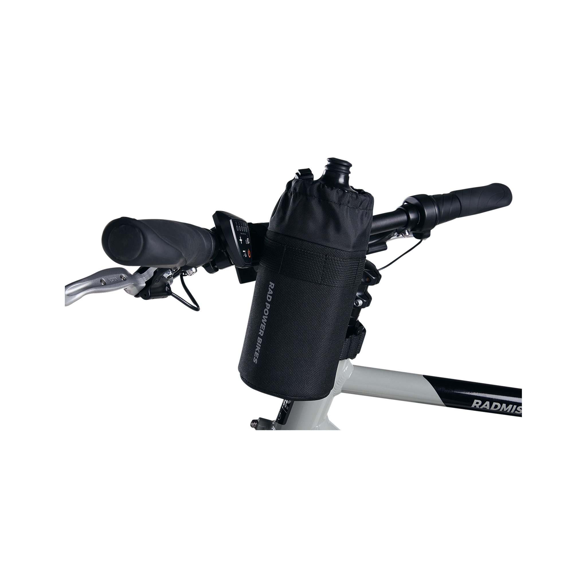 Close up photo of Rad Power Bikes Handlebar Bag mounted on an electric bicycle.