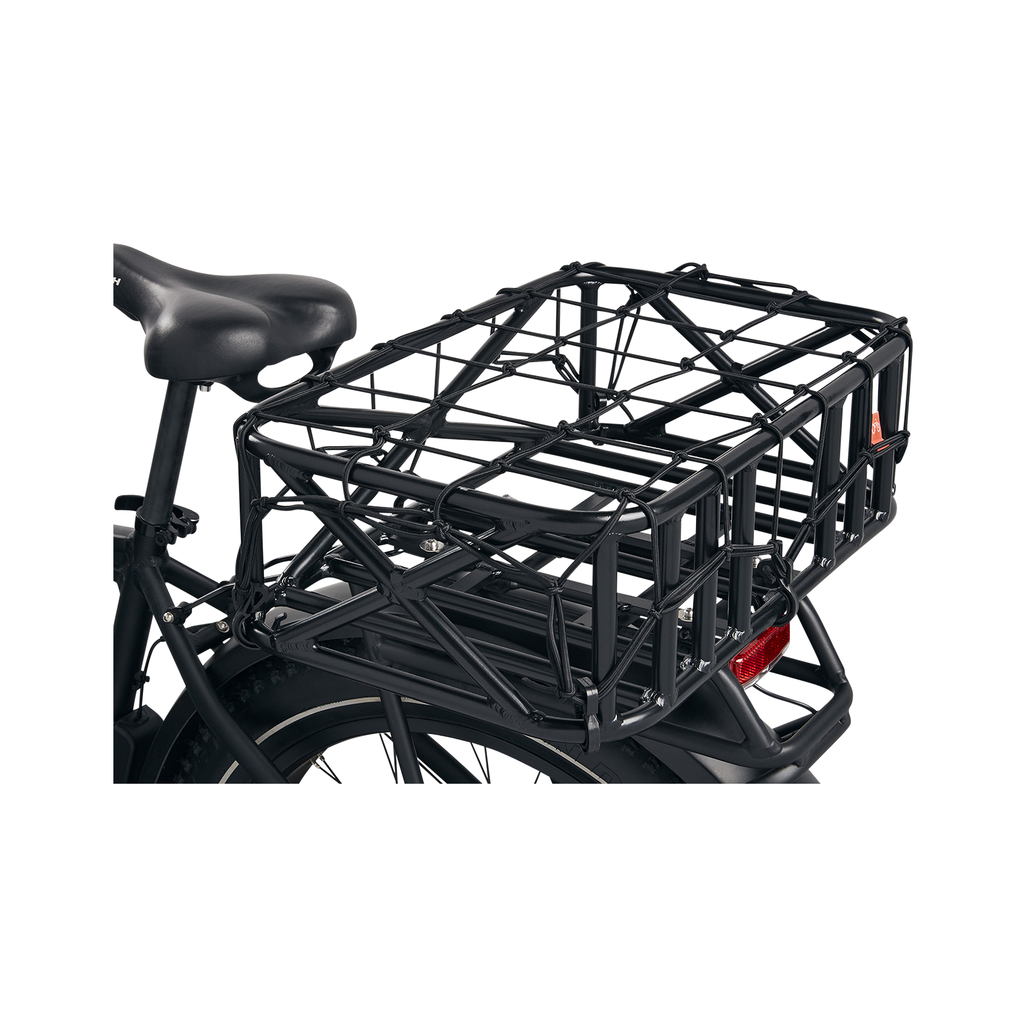 Detail view of the Cargo Net strapped over a basket installed on an ebike