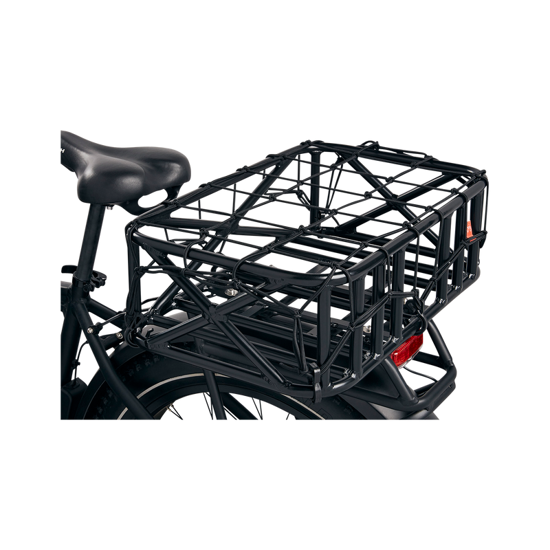 Detail view of the Cargo Net strapped over a basket installed on an ebike