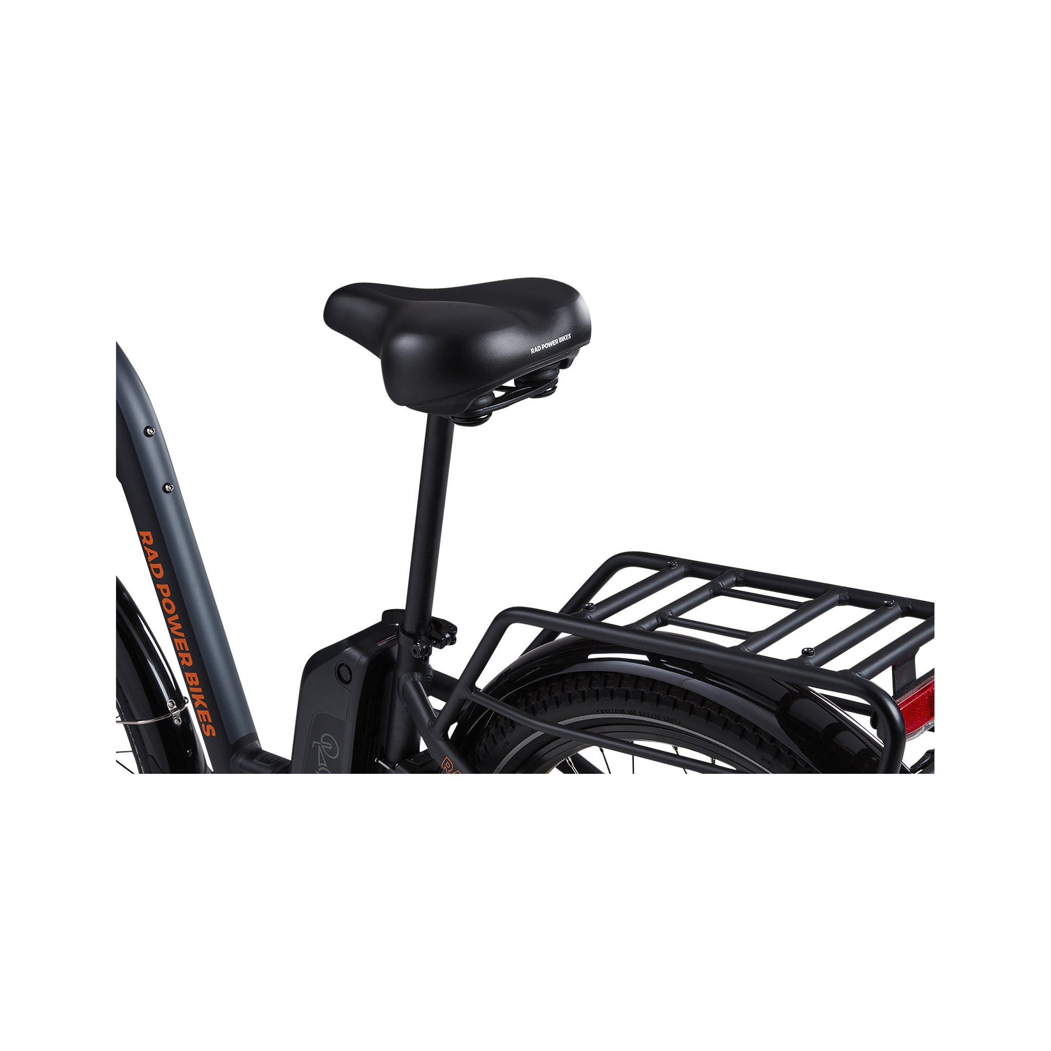 Rear left detail view of the Comfort Saddle installed on a RadCity