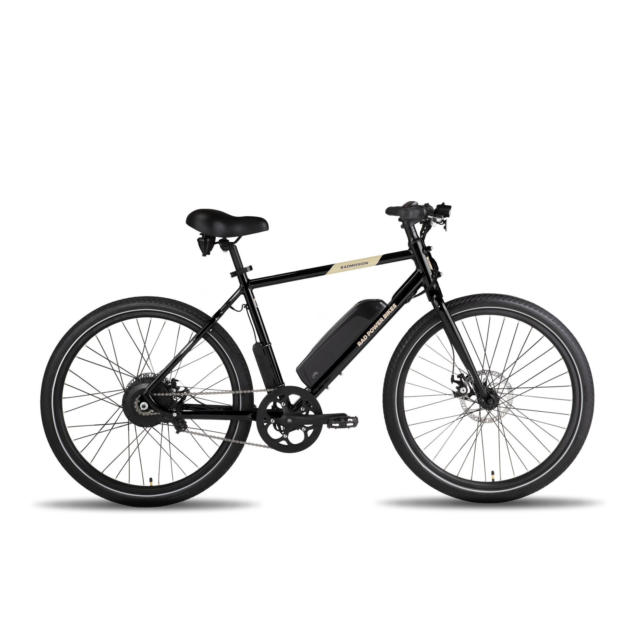 A side profile view of a black RadMission bike with a black Enhanced Comfort Saddle mounted on the seatpost