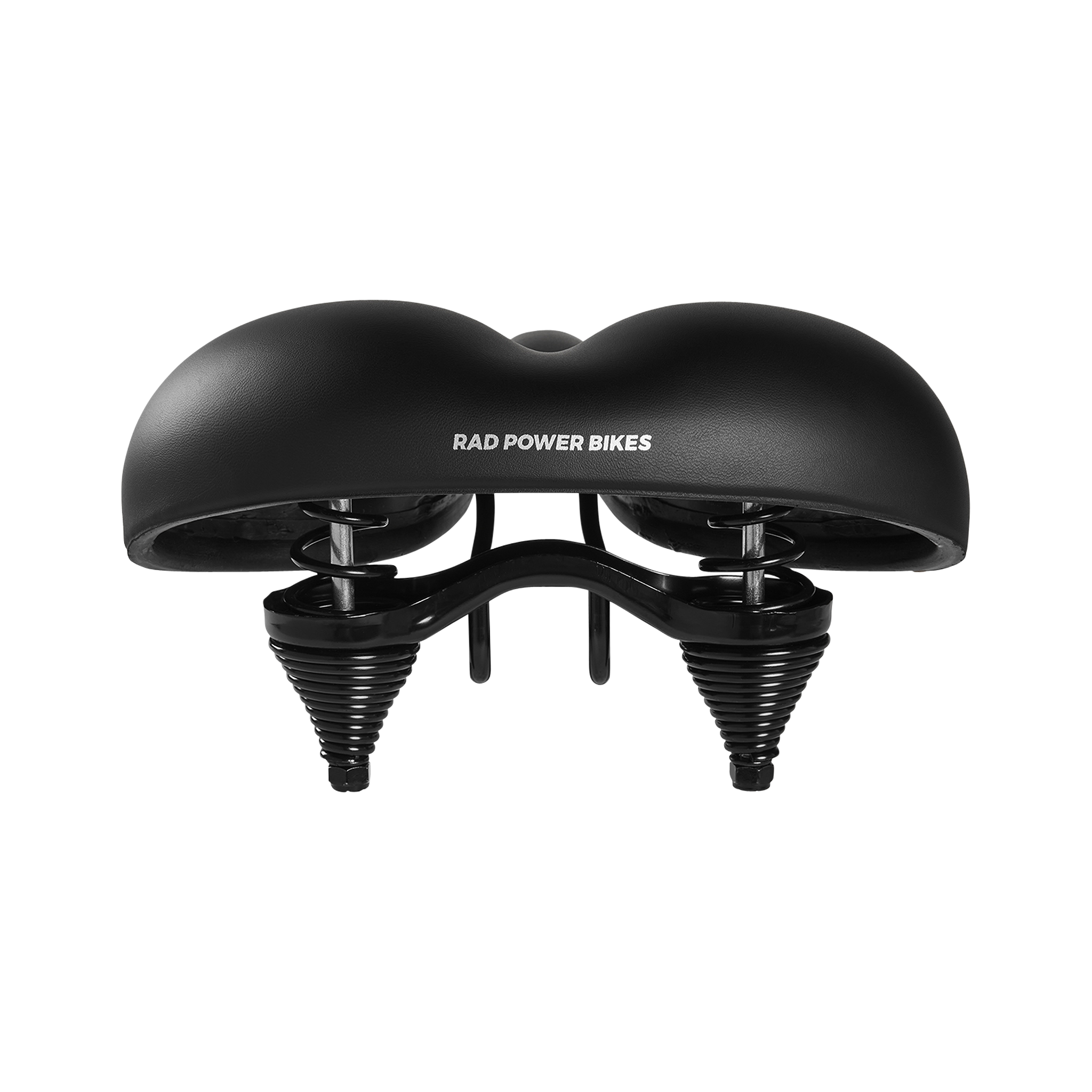 A close-up view of the rear of a matte black Enhanced Comfort Saddle, illustrating the cushion of the saddle and the springs mounted underneath it