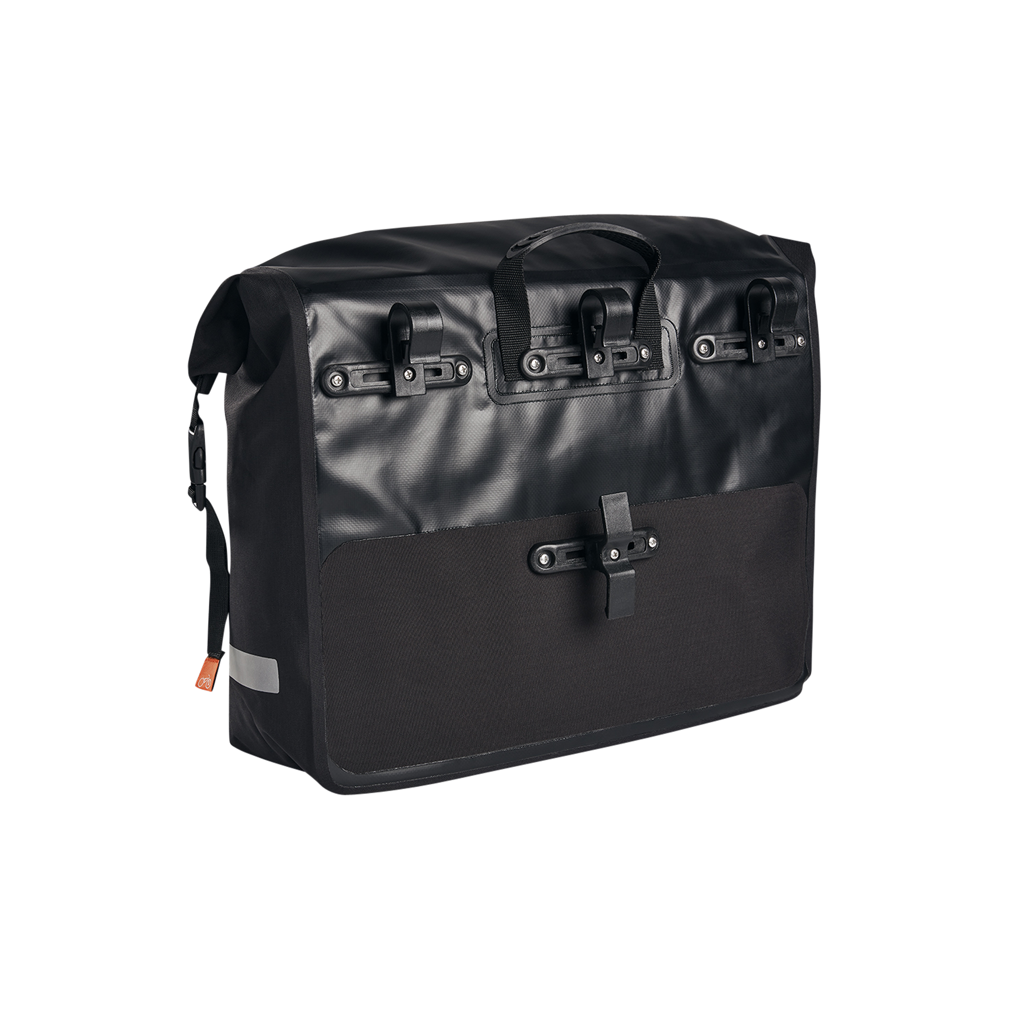 Close up view of the black Ballard Cargo Bag's back and side. The back features the carrying handle and attachment clips for using on a RadWagon rear rack.
