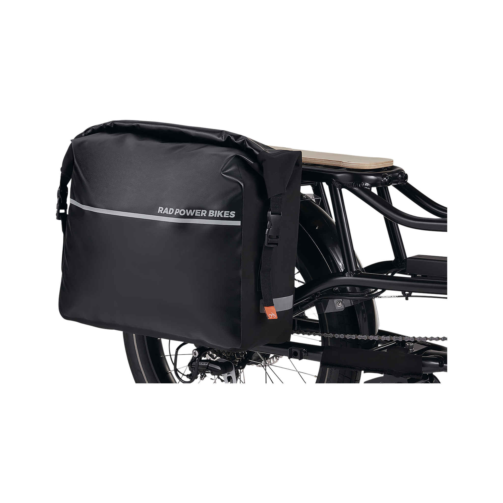 Zoom in on fully-loaded black Ballard Cargo Bag on the rack of a black RadWagon ebike.