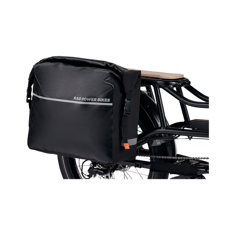 Zoom in on fully-loaded black Ballard Cargo Bag on the rack of a black RadWagon ebike.