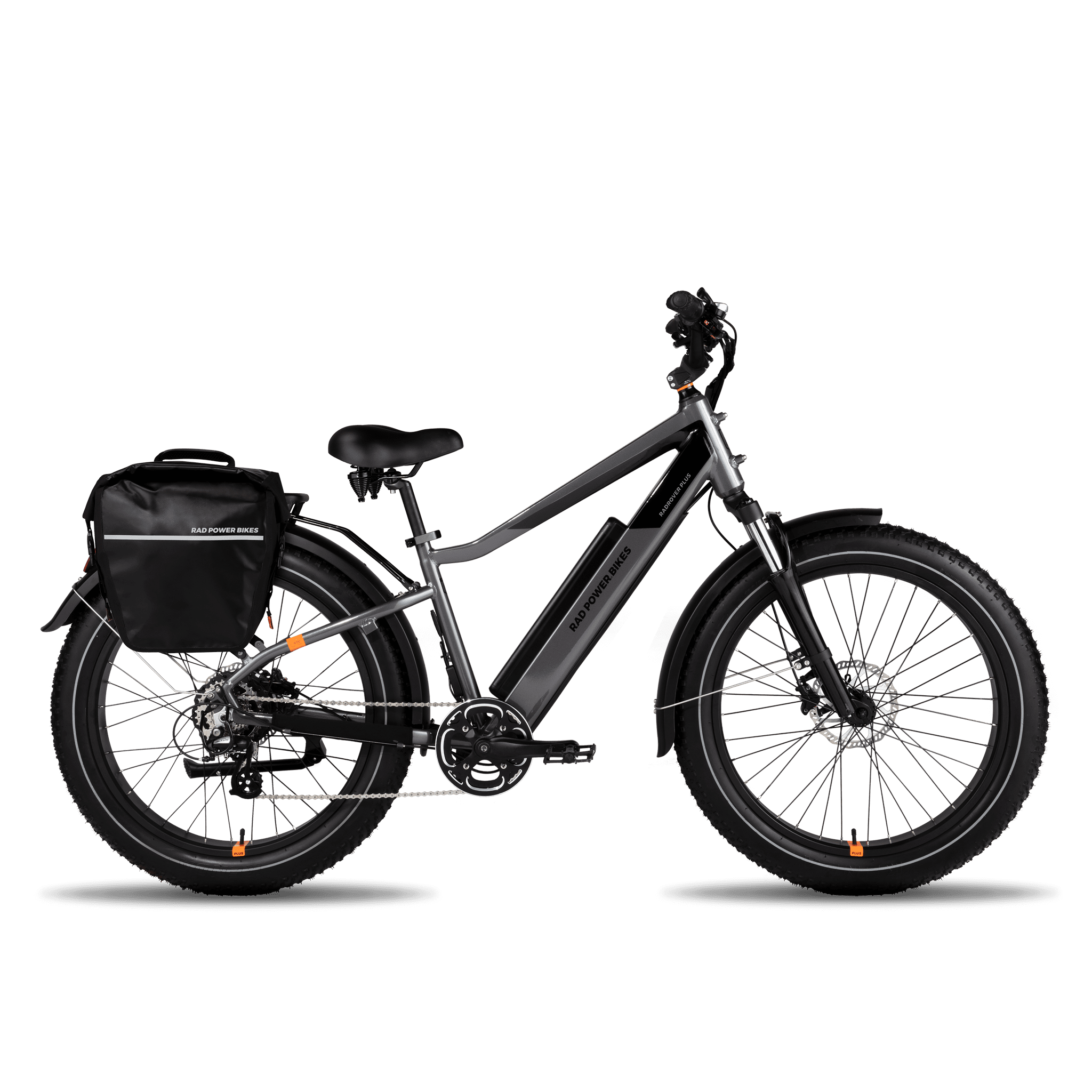 Fremont Pannier on the rear rack of a RadRover electric fat tire bike