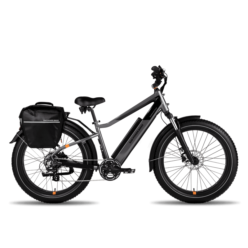Fremont Pannier on the rear rack of a RadRover electric fat tire bike
