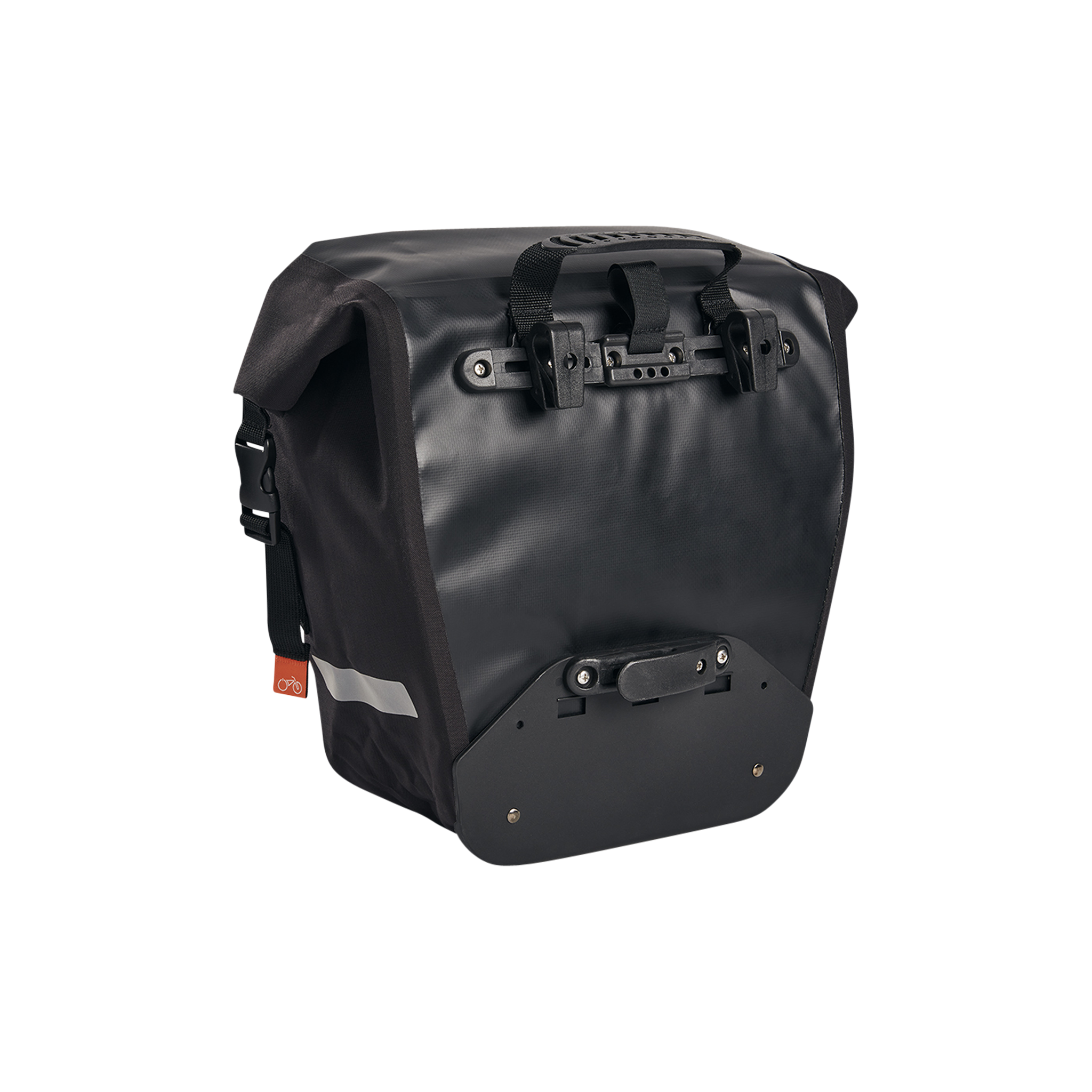 Close up rear and side view of black Fremont Pannier Bag with carrying handle, attachment clips for rear rack and silver reflective strip on the lower side wall.