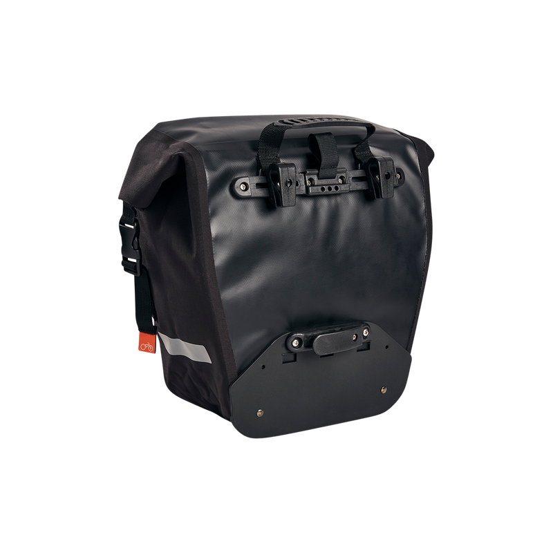 Close up rear and side view of black Fremont Pannier Bag with carrying handle, attachment clips for rear rack and silver reflective strip on the lower side wall.