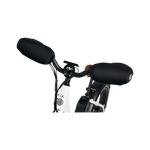Frontal view of handlebar mitts attached to electric bike handlebars