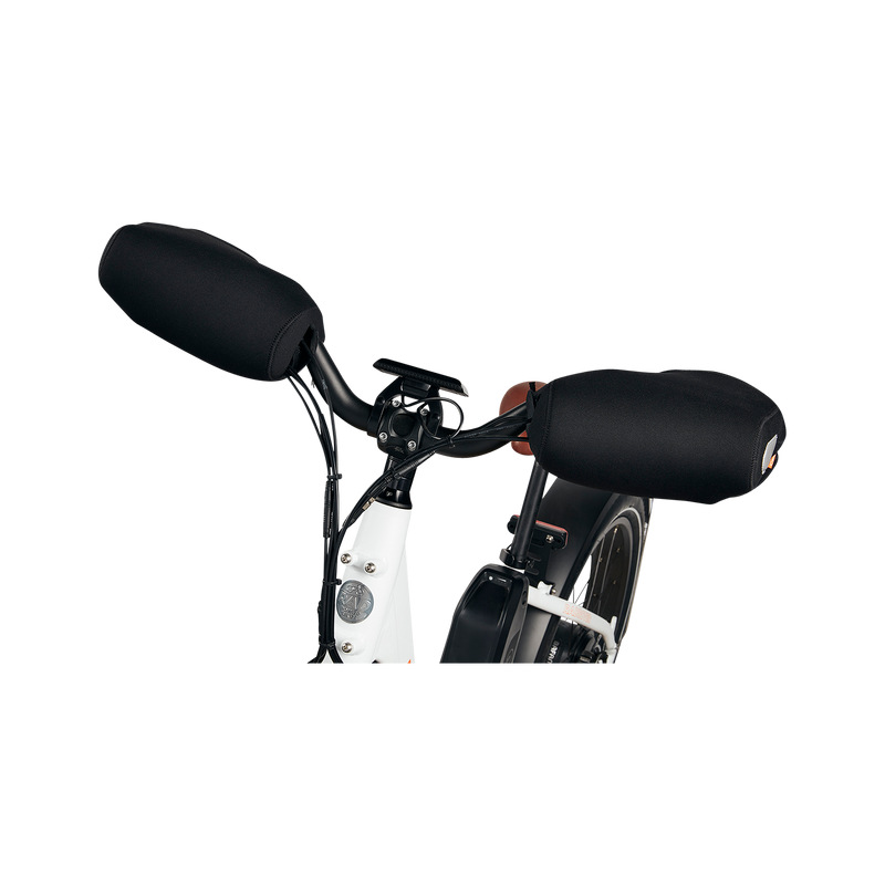 Frontal view of handlebar mitts attached to electric bike handlebars