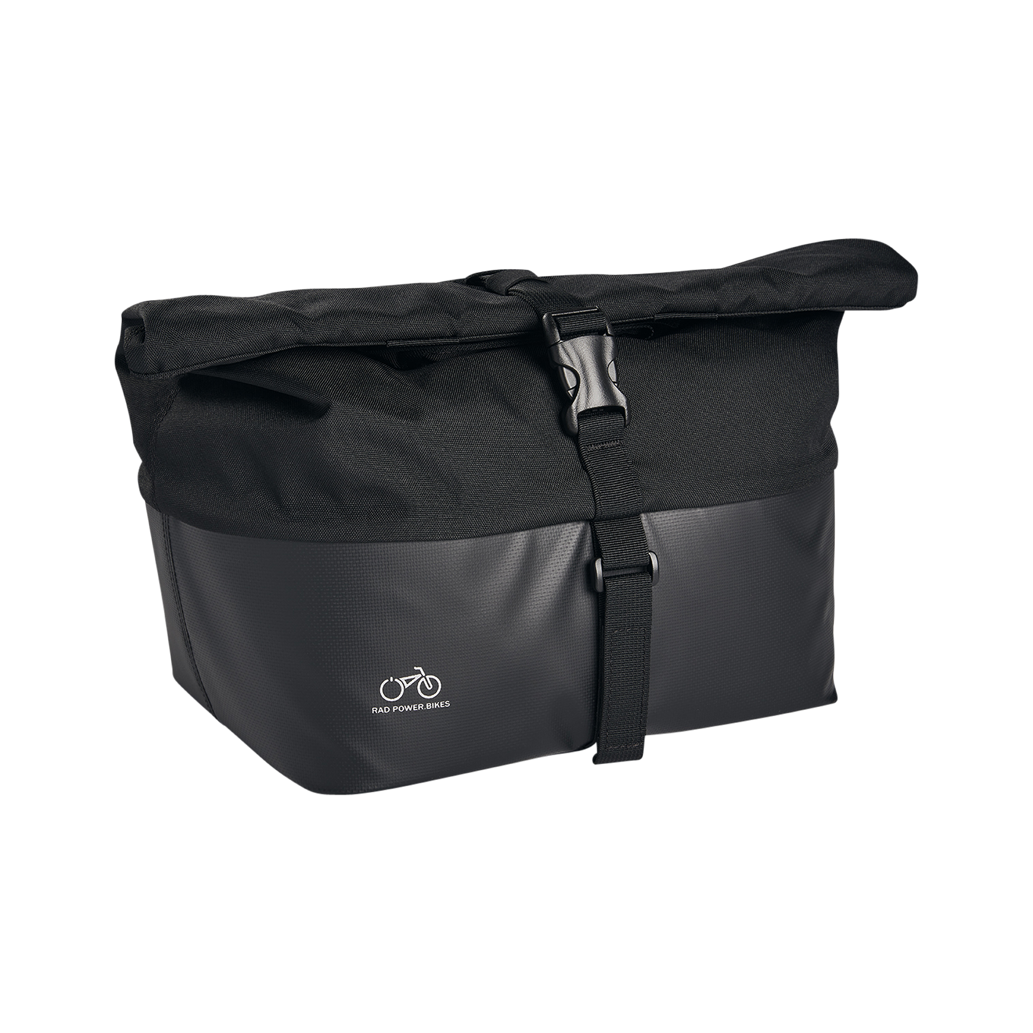 3/4 view close-up of the Small Basket Roll Top Liner. The bag is rolled up and fastened with its buckle.