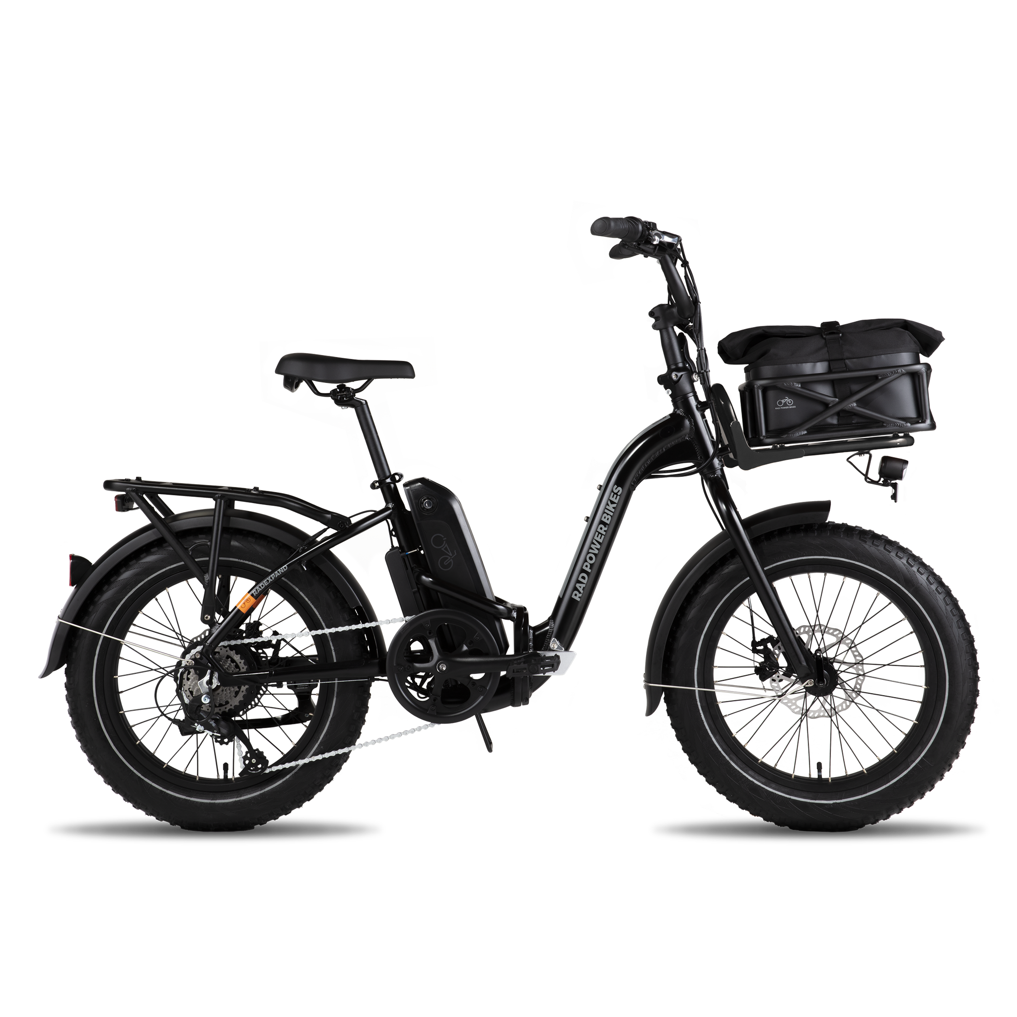 Image of the Small Basket Roll Top Liner in the front basket of a Rad ebike.